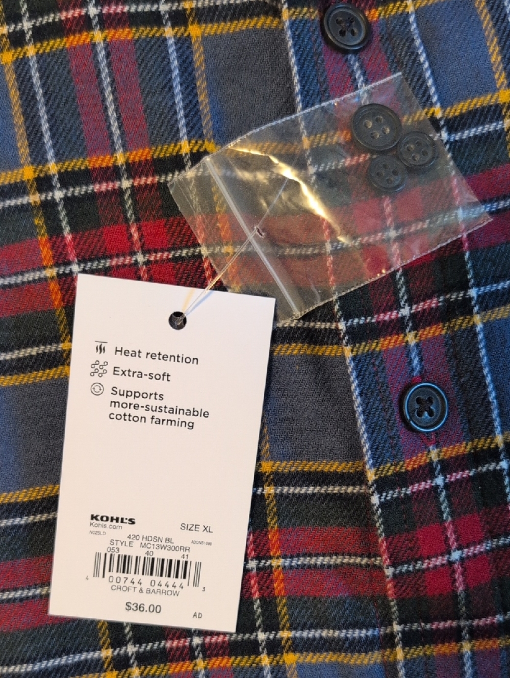 Croft & Barrow Men's Red, Blue, Yellow Plaid Long-Sleeve Button-Down Shirt XL - Picture 4 of 9